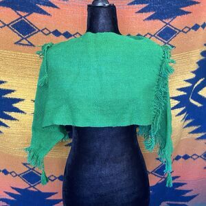 Vintage Handwoven Green Cape Shawl. Fringe. Tassels. Pullover. Small. Boho. OOAK